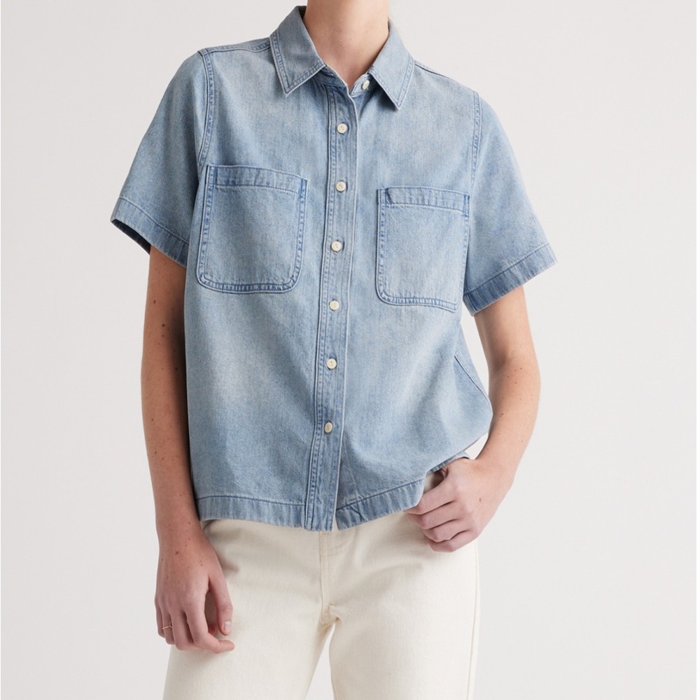 QUINCE Distressed Blue Denim Short Sleeve Shirt